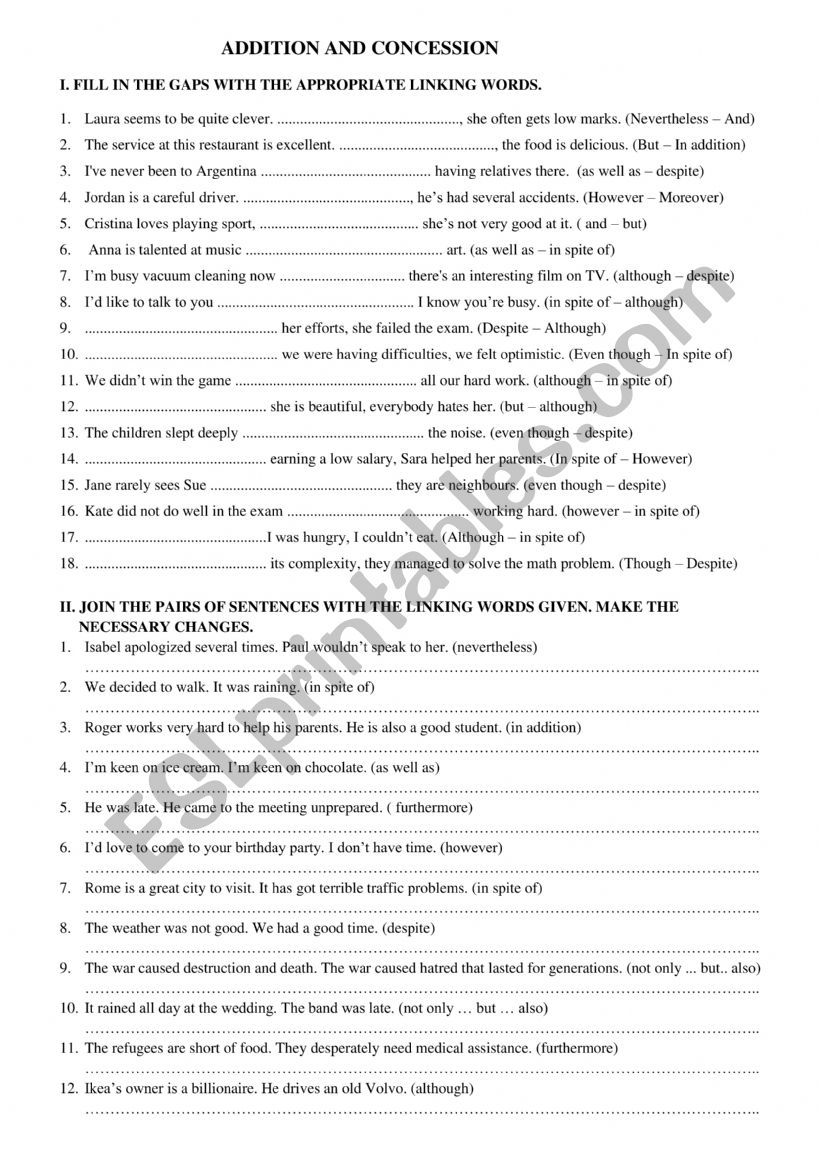 Linking words worksheet