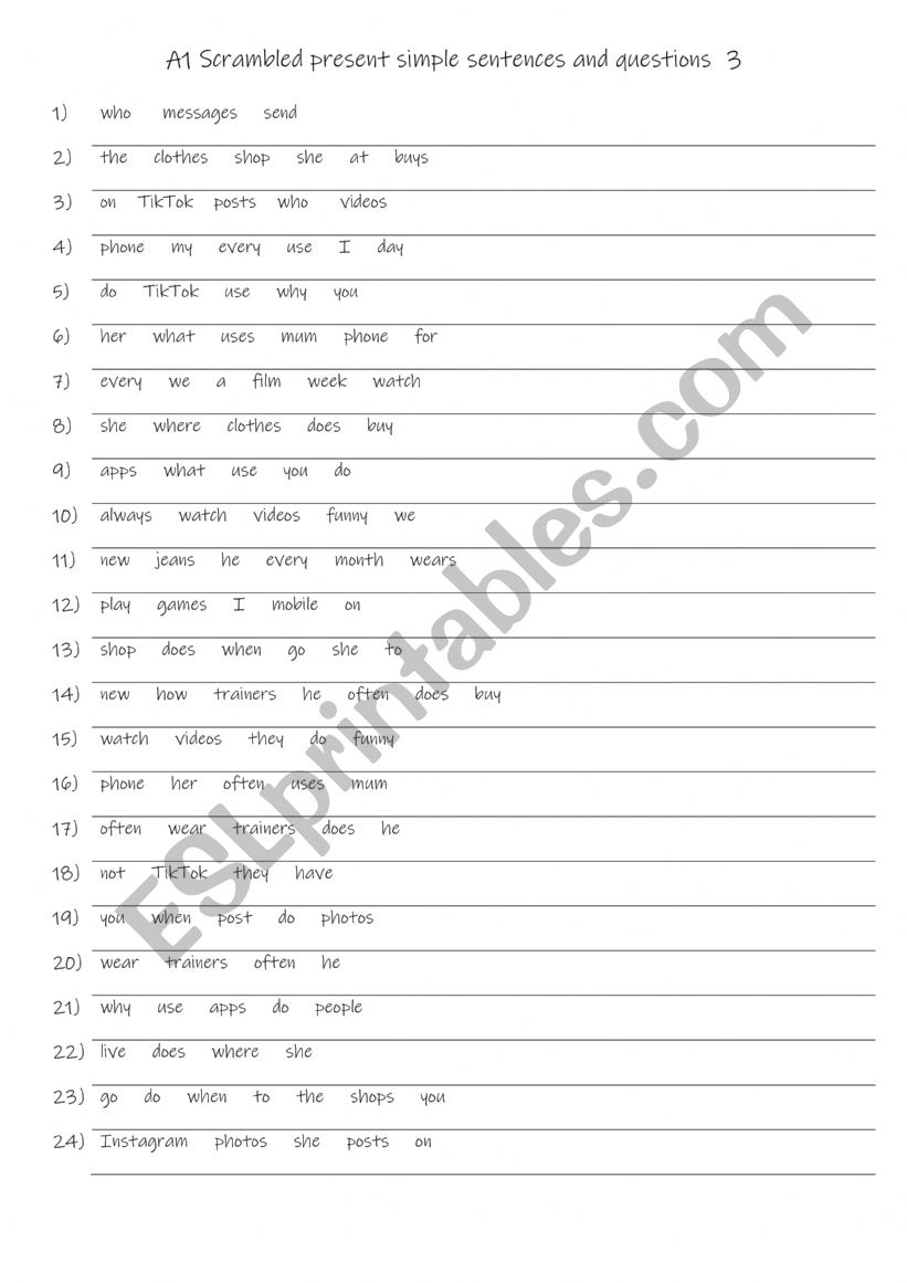 A1 Scrambled present simple sentences and questions  3