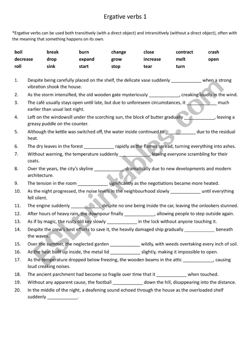 Ergative verbs 1 worksheet