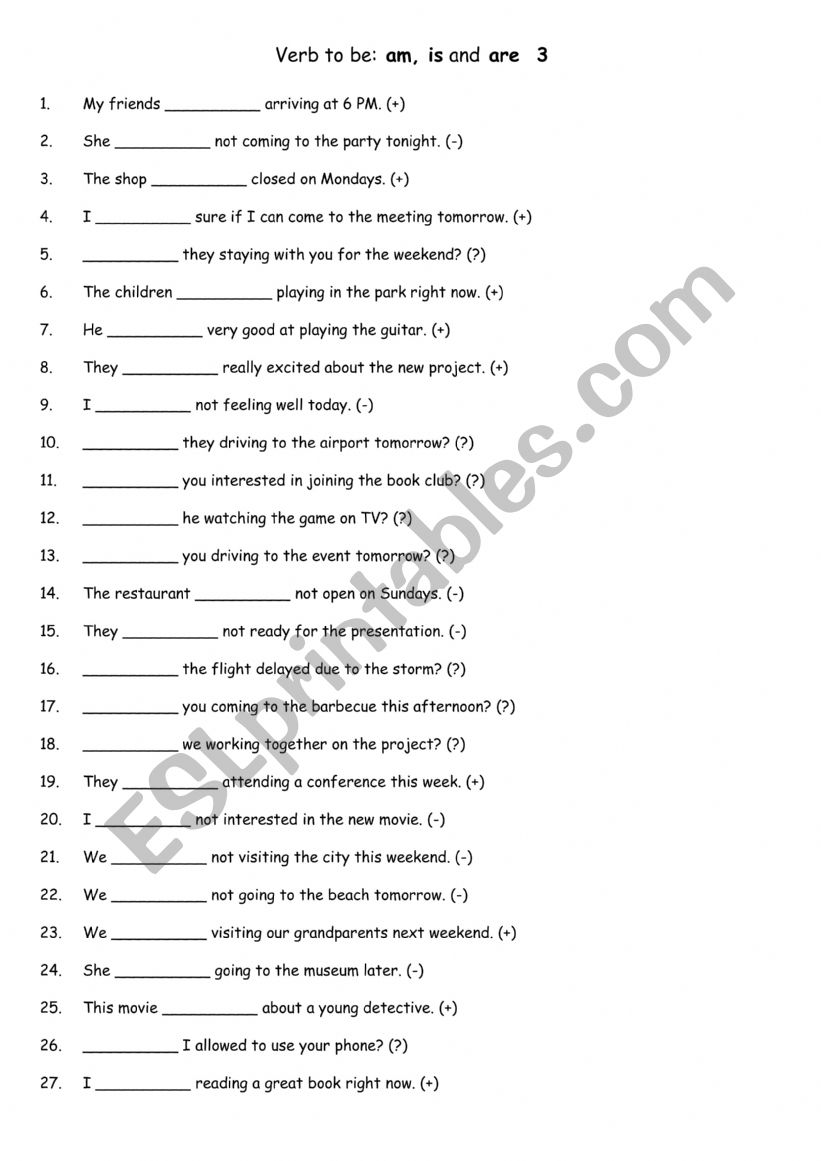 Verb to be am, is and are  3 worksheet