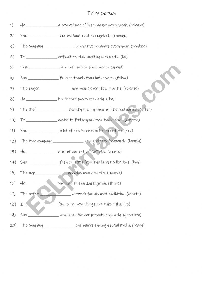 Third person 3 worksheet