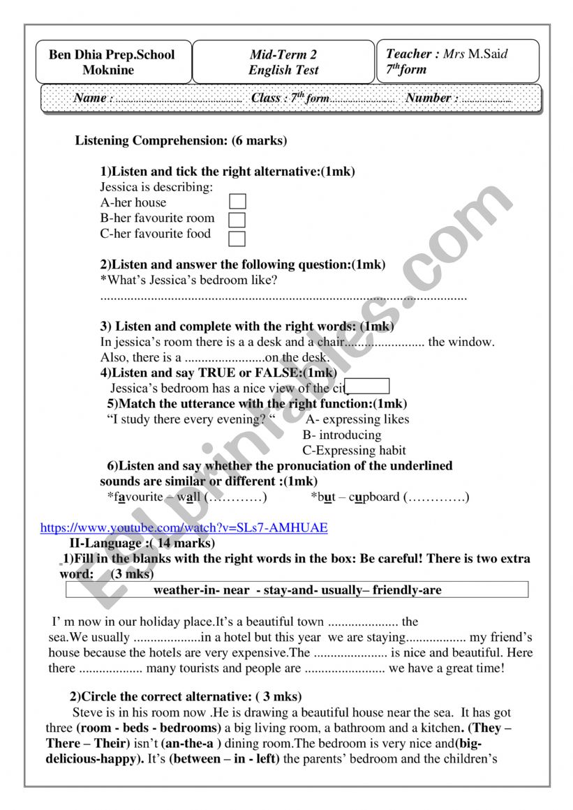 test 7th form mid-term2 worksheet