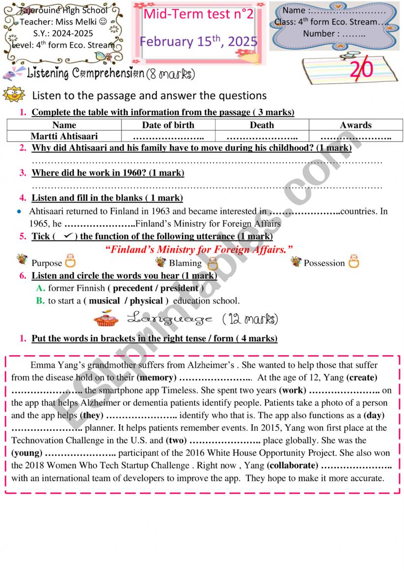 4th form mid term test 2 worksheet