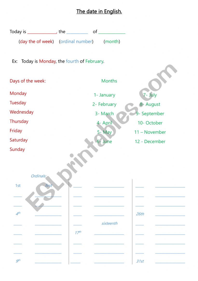 The date in English worksheet