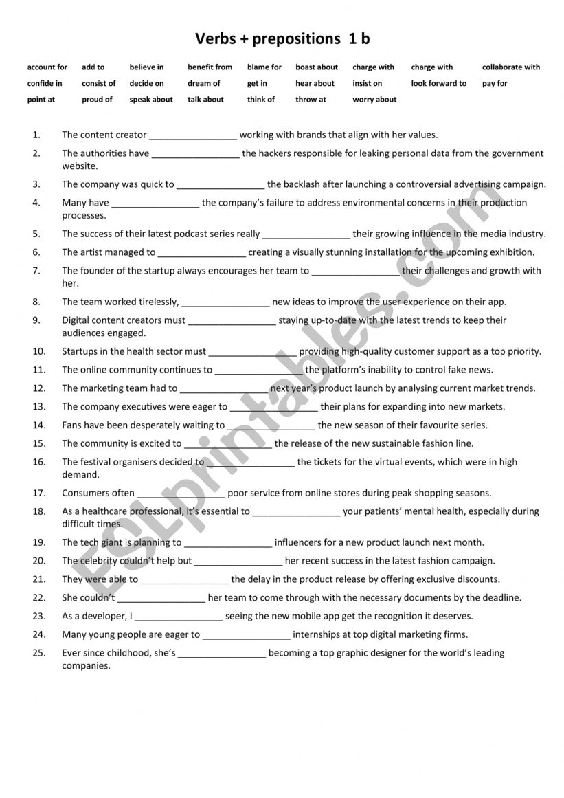 Verbs + Prepositions  1 b worksheet