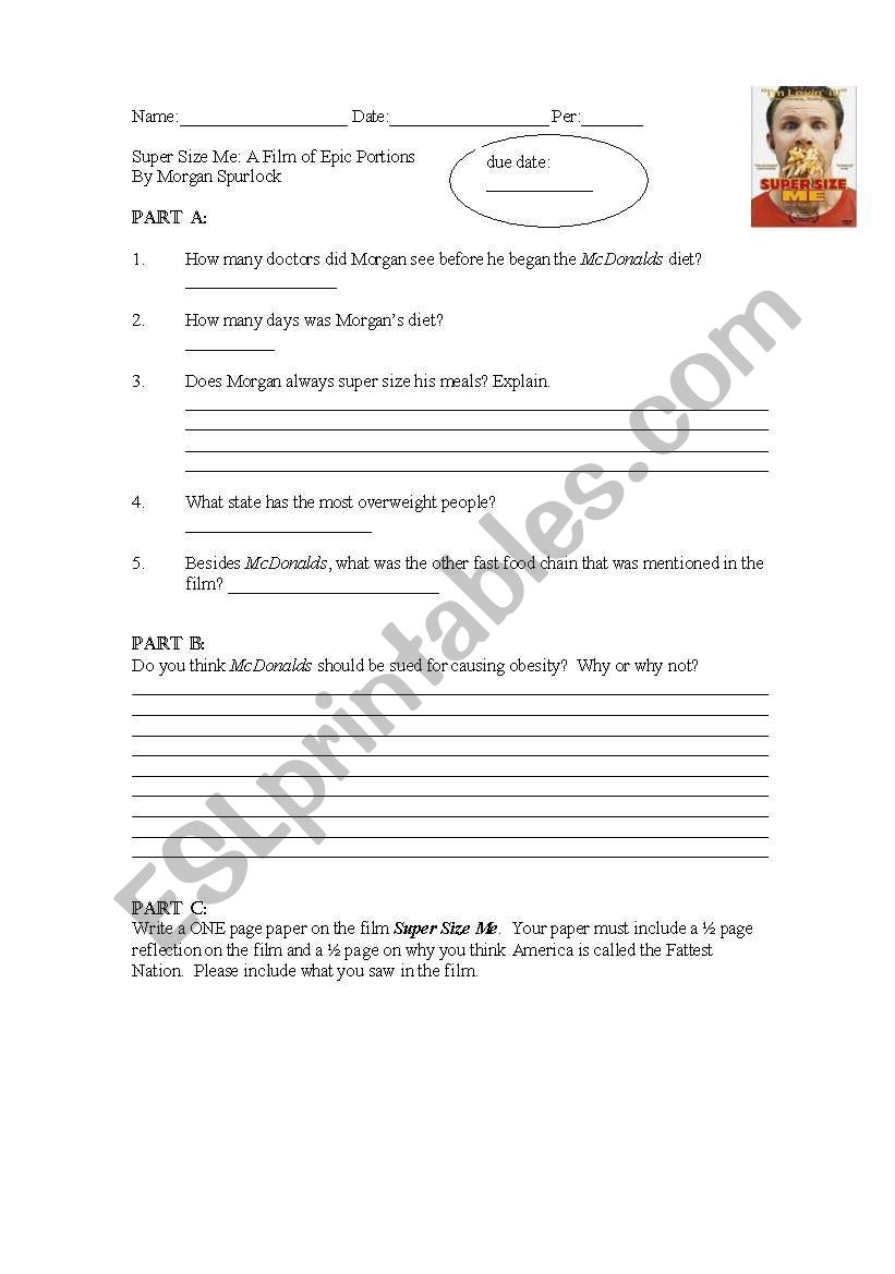 Super Size Me worksheet worksheet