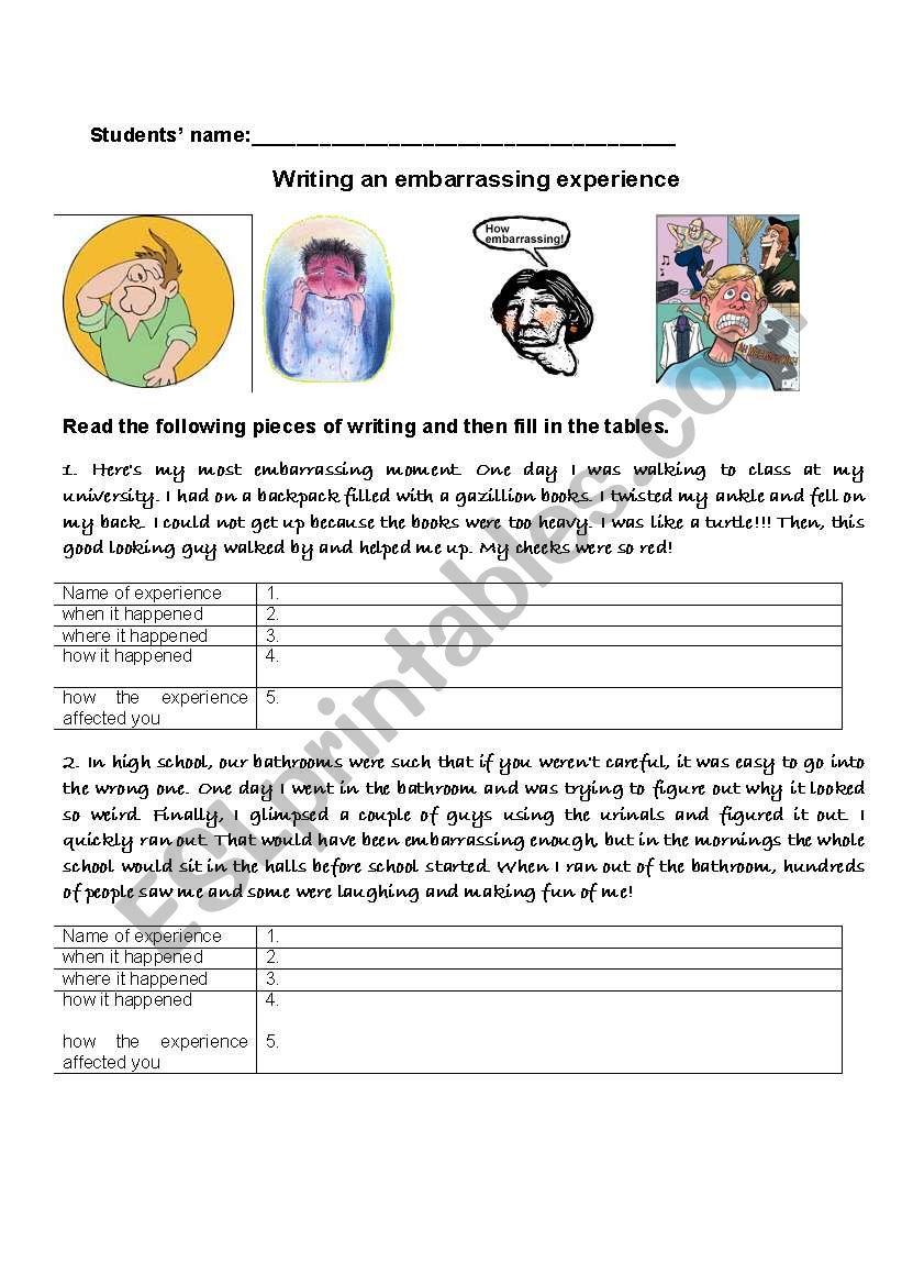 Writing About One´s Embarrassing Experience Part 1 Esl Worksheet By Hongduyen