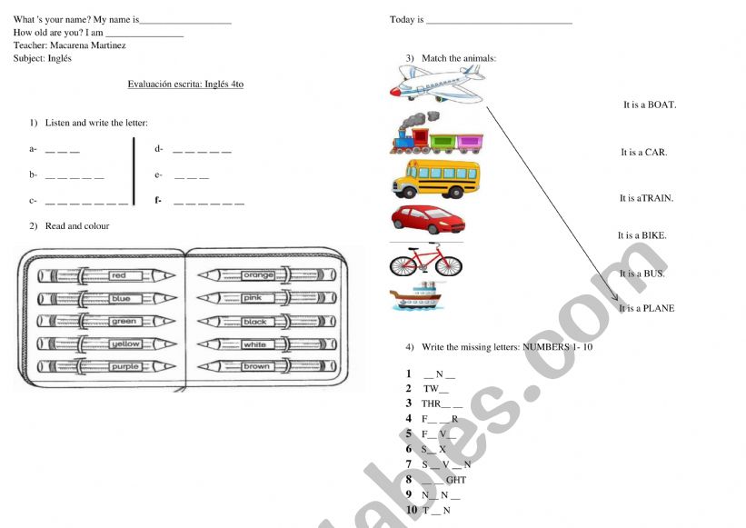 Young learners test colours worksheet