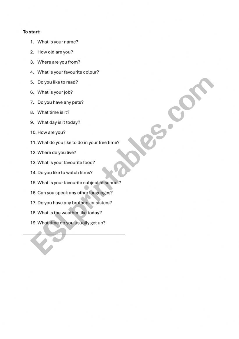 Questions worksheet