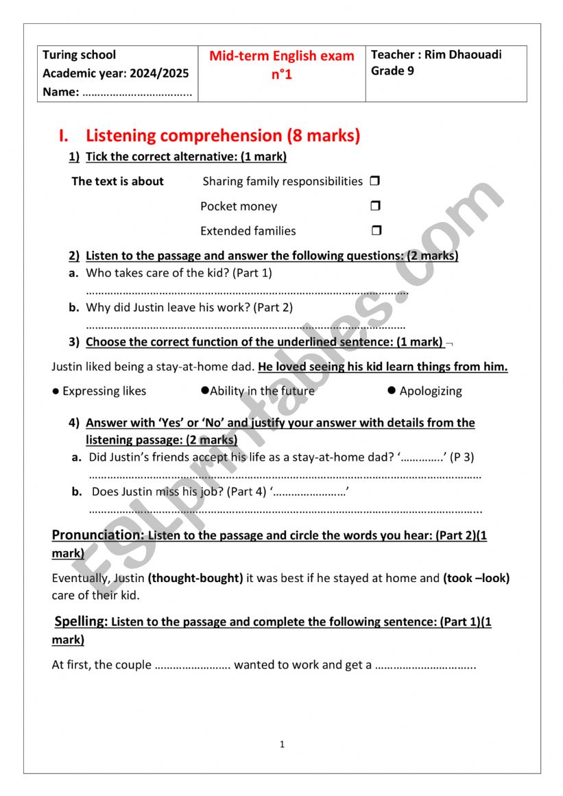 9th form mid term test 1  worksheet