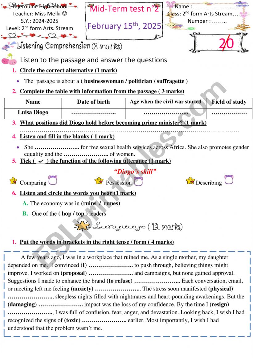 2nd form mid term test n2 Arts stream