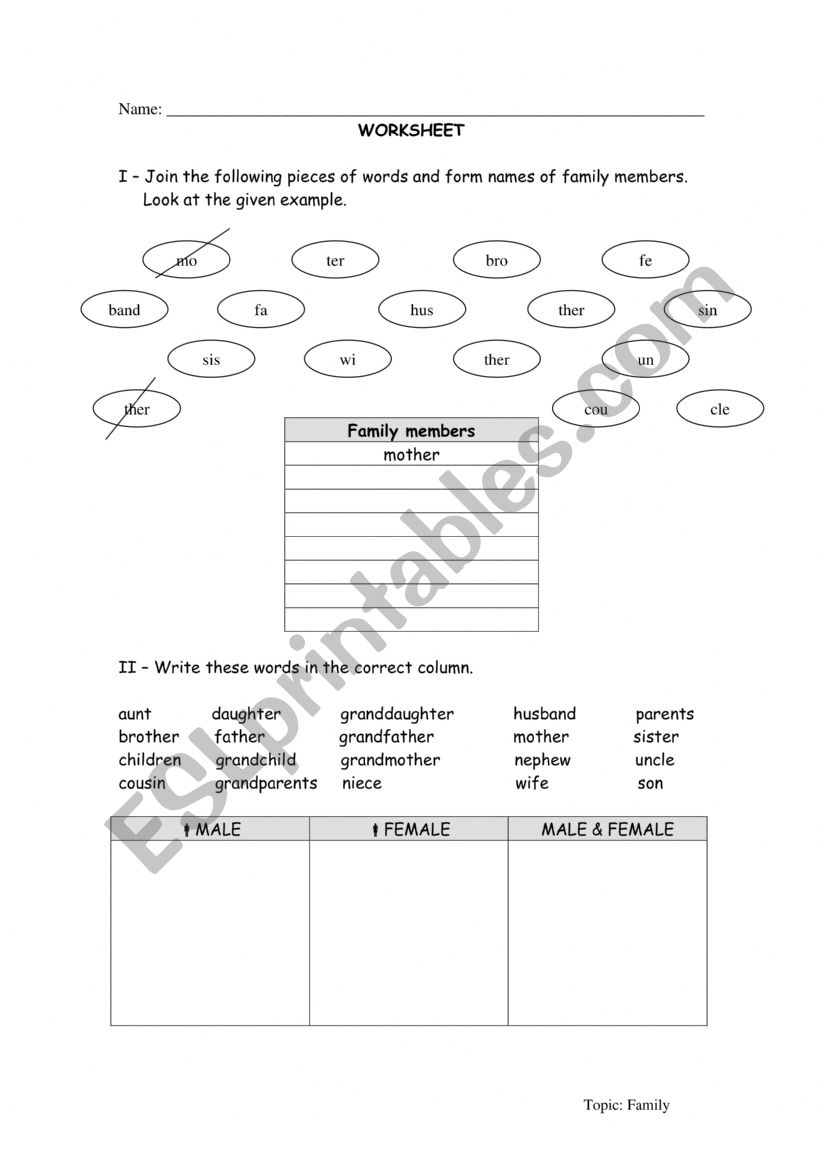 family members worksheet