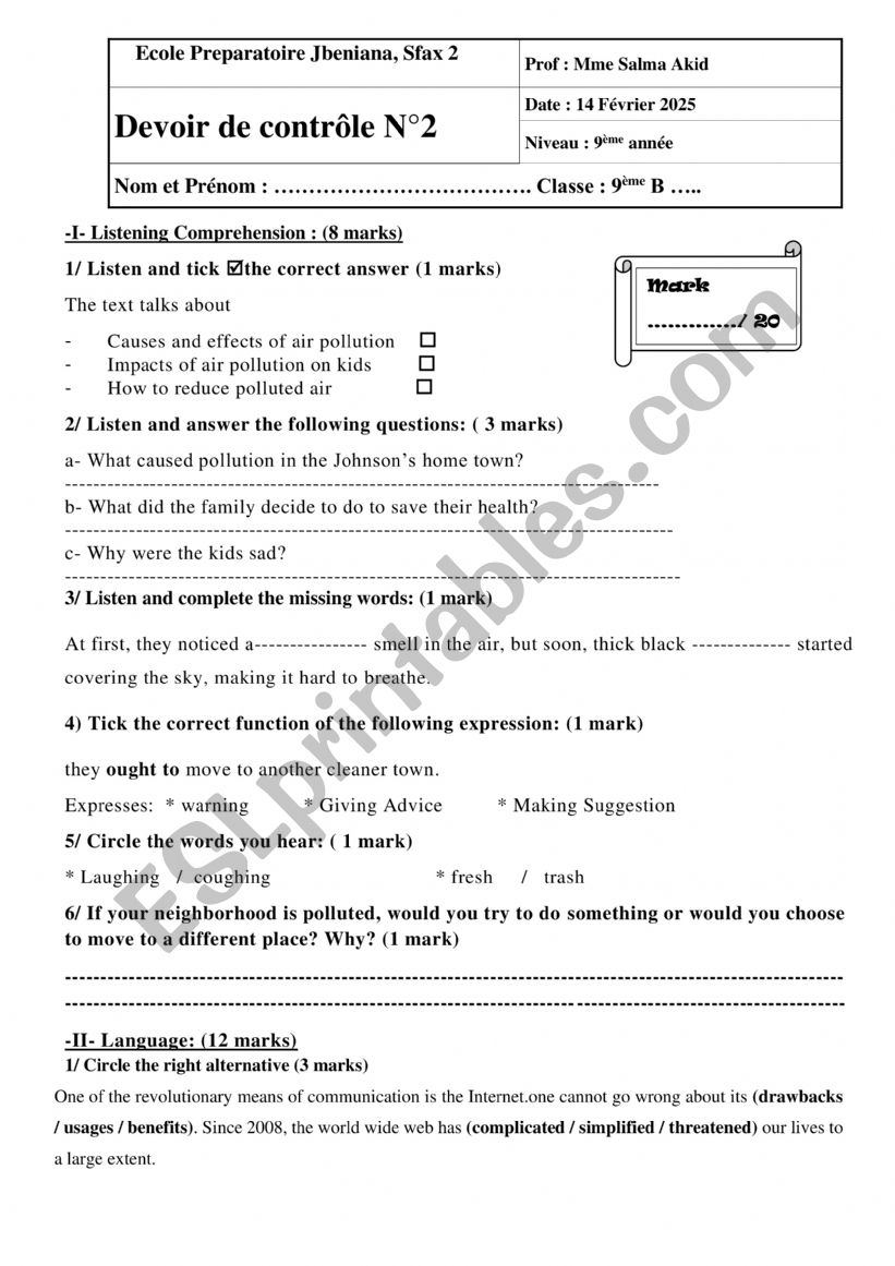 9th form mid term test 2 worksheet