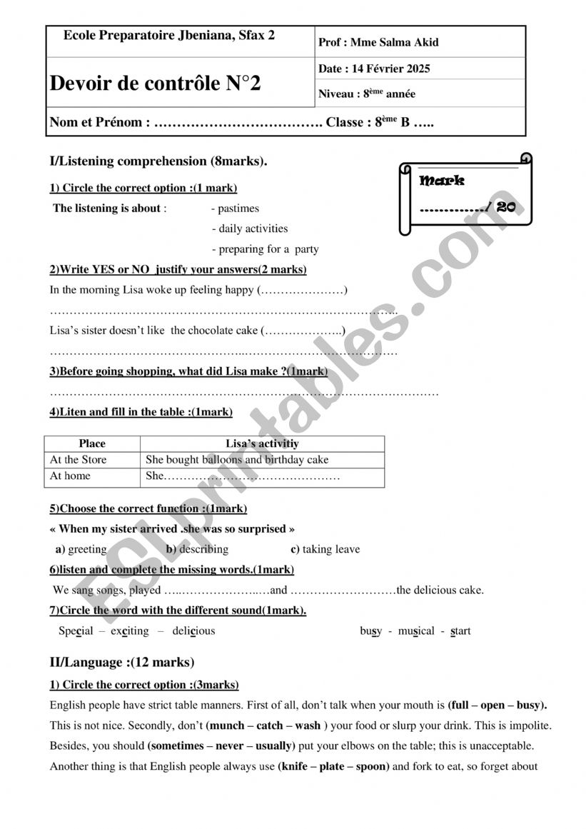 8th mid term test 2 worksheet