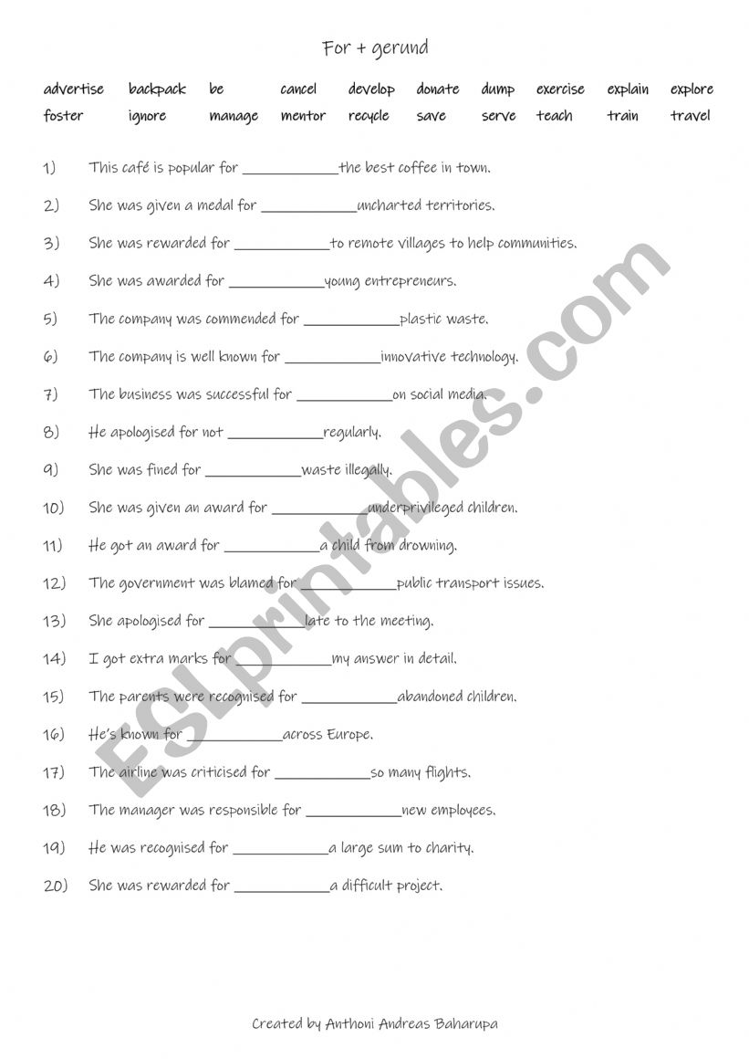 A2+-B1 For + gerund (1) worksheet