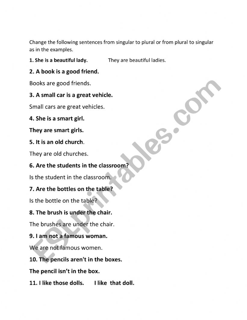 Plural of nouns/sentences worksheet