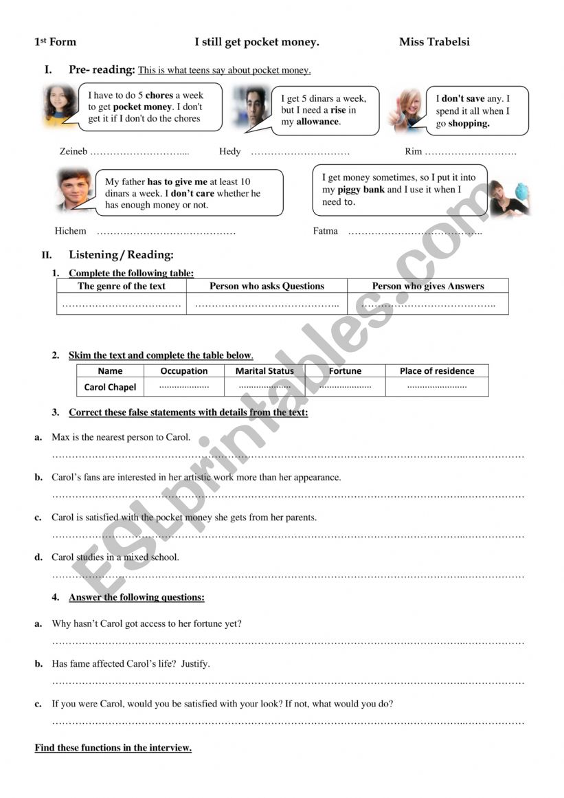 pocket money  worksheet