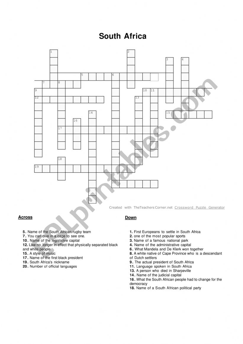 Crossword South Africa worksheet