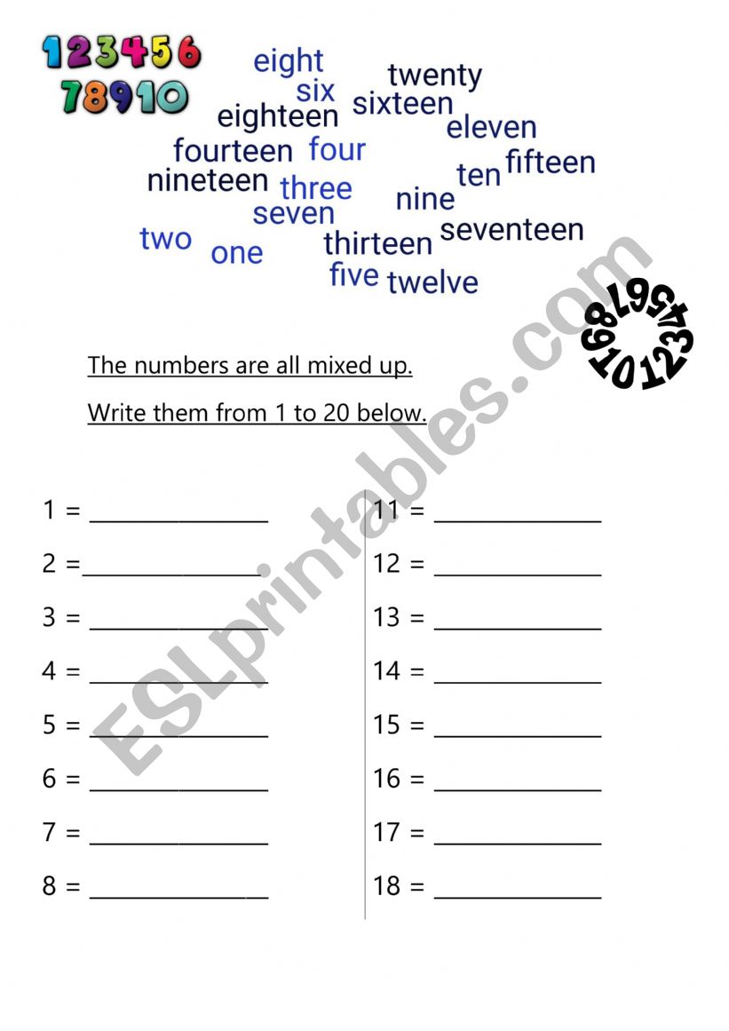 mixed up numbers 1-20 worksheet