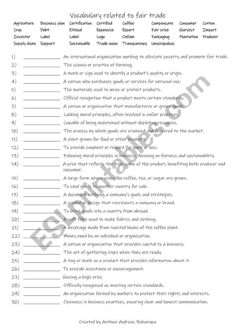 B1-B2 Vocabulary related to fair trade