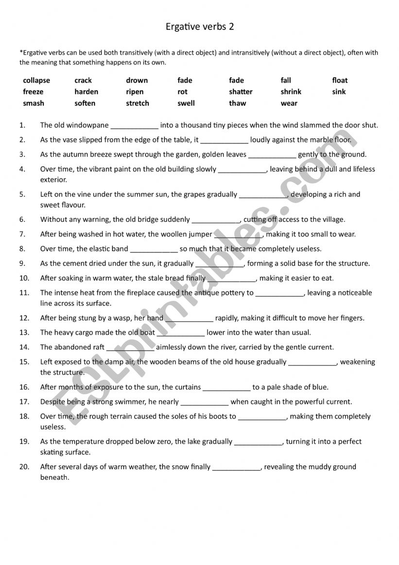 Ergative verbs 2 worksheet