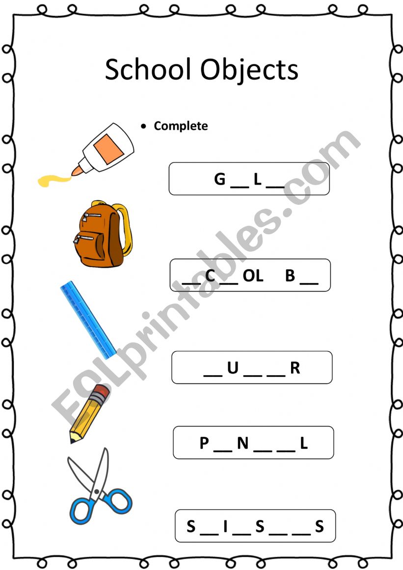 School Objects review  worksheet