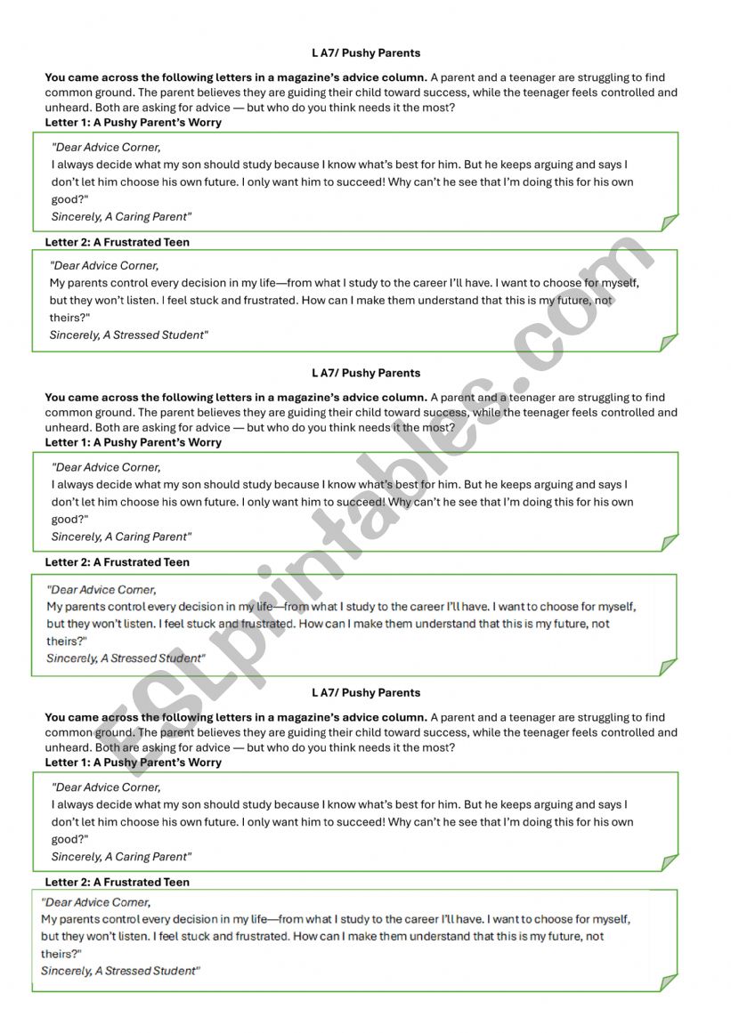 A7 Pushy parents worksheet