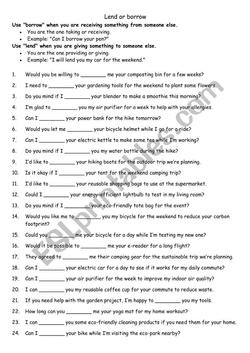 Lend or borrow 4 worksheet