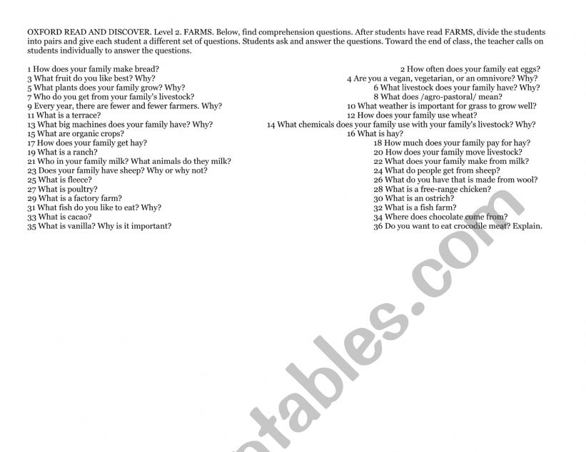 OXFORD READ AND DISCOVER. Level 2. FARMS. Comprehension questions. 