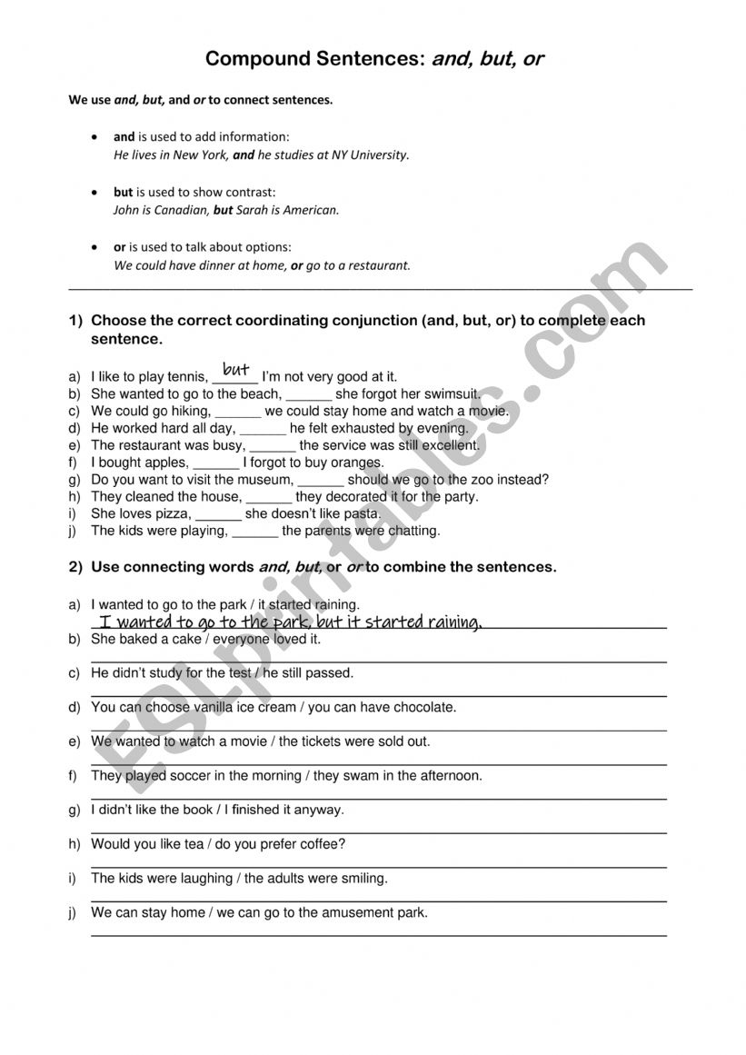 Conjunctions - and, but, or worksheet