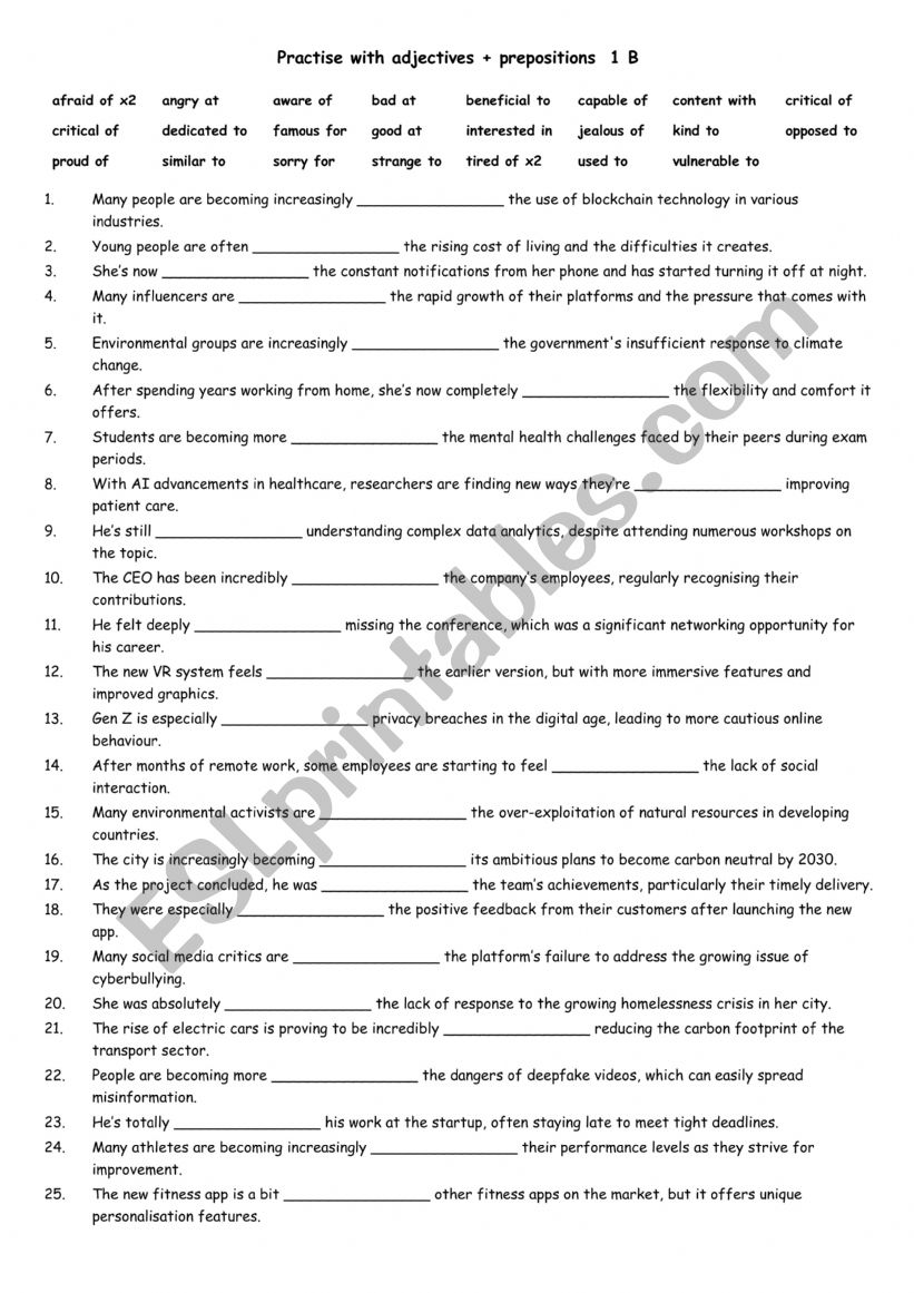 Practise with adjectives + prepositions  1 B