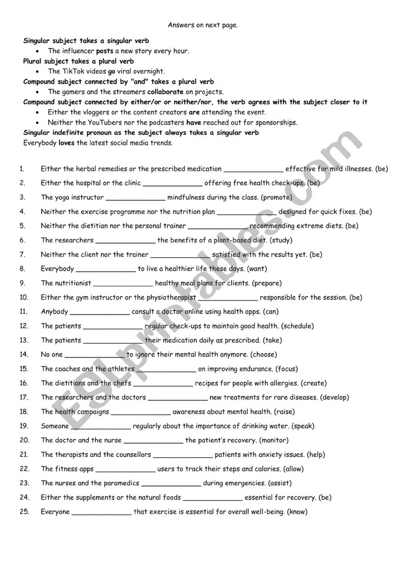 Subject verb agreement worksheet