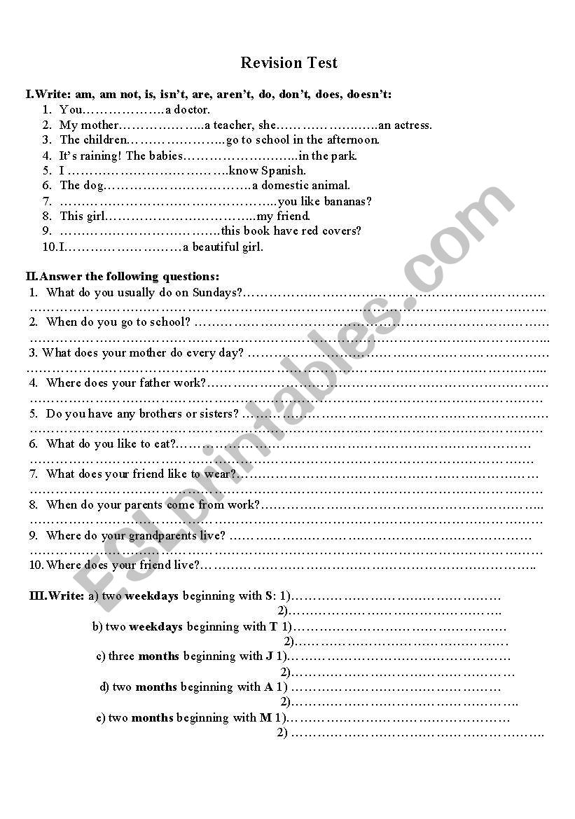 revision test worksheet