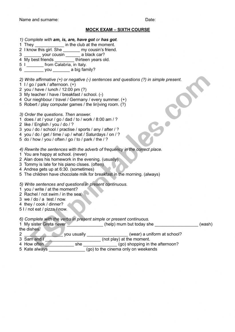 6th grade mock exam simple present present continuous