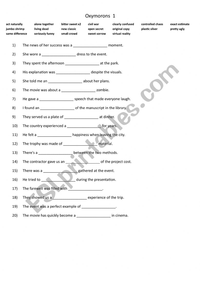 Oxymorons 1 worksheet