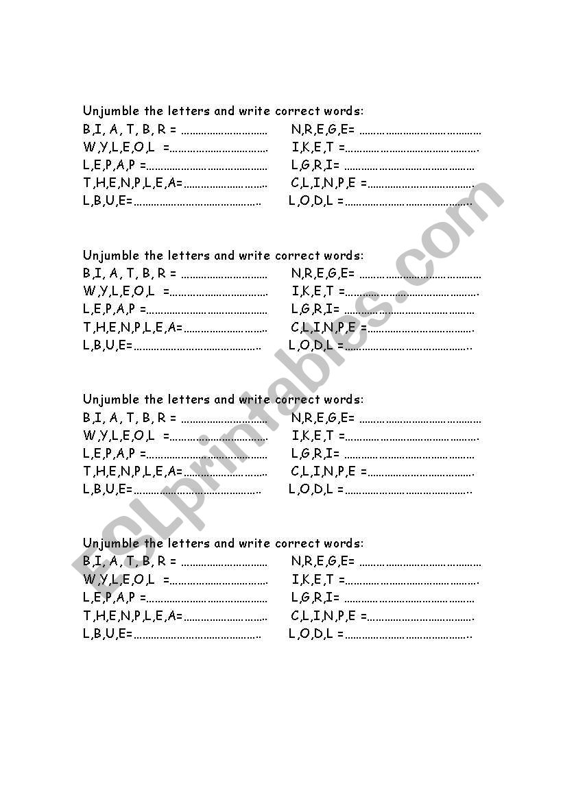English Worksheets Unjumble The Letters