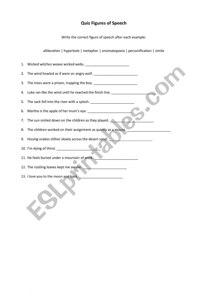 Figures of Speech worksheet worksheet