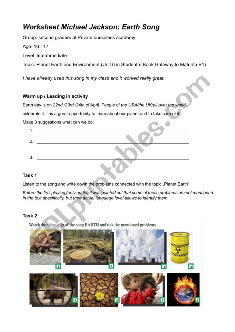 Michael Jackson: Earth Song worksheet