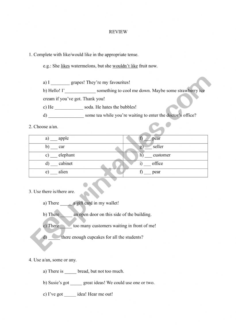 A1 grammar review worksheet