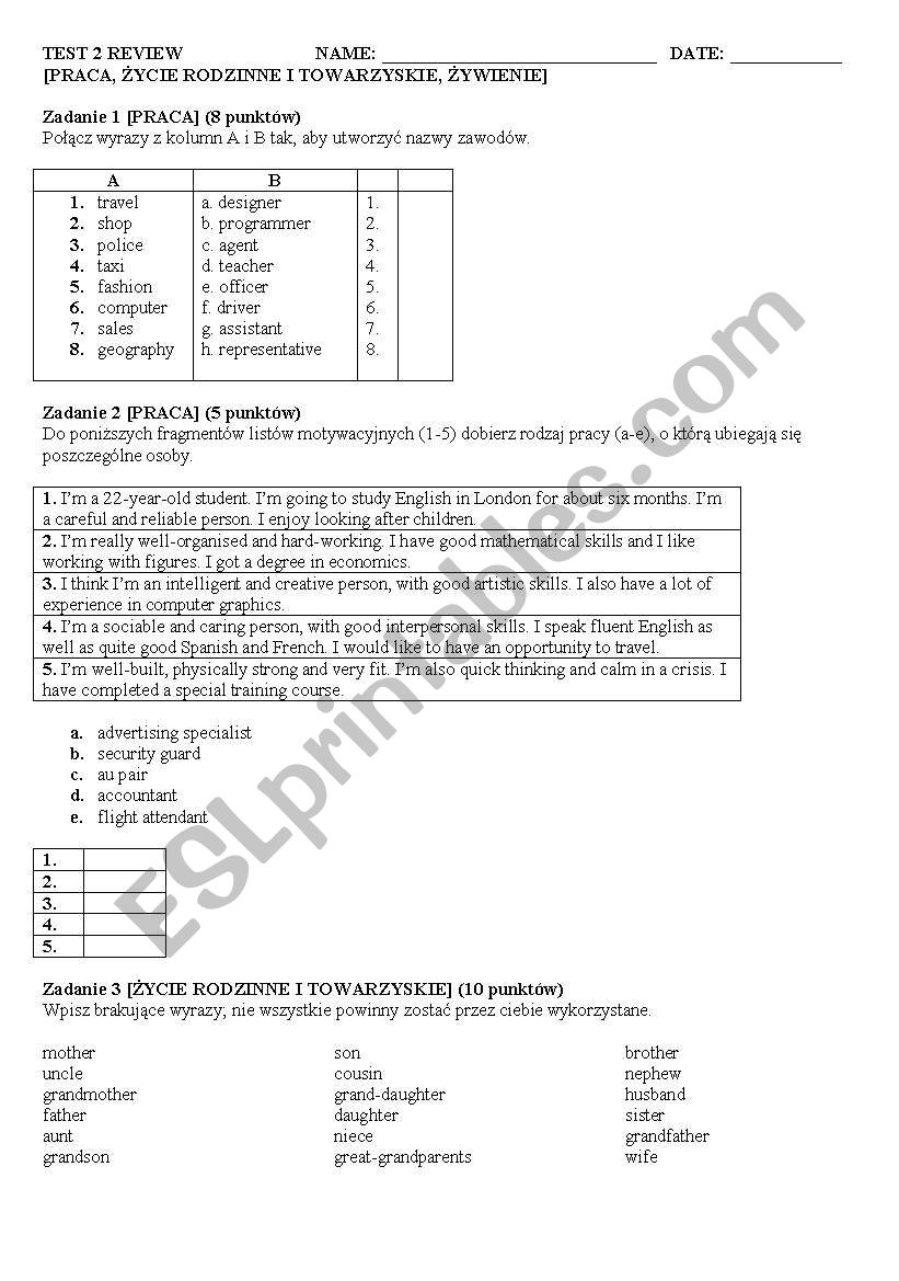 TEST 2 - JOB, FAMILY LIFE, FOOD AND EATING - C