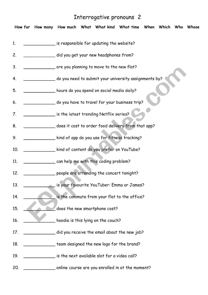 Interrogative pronouns 2 worksheet