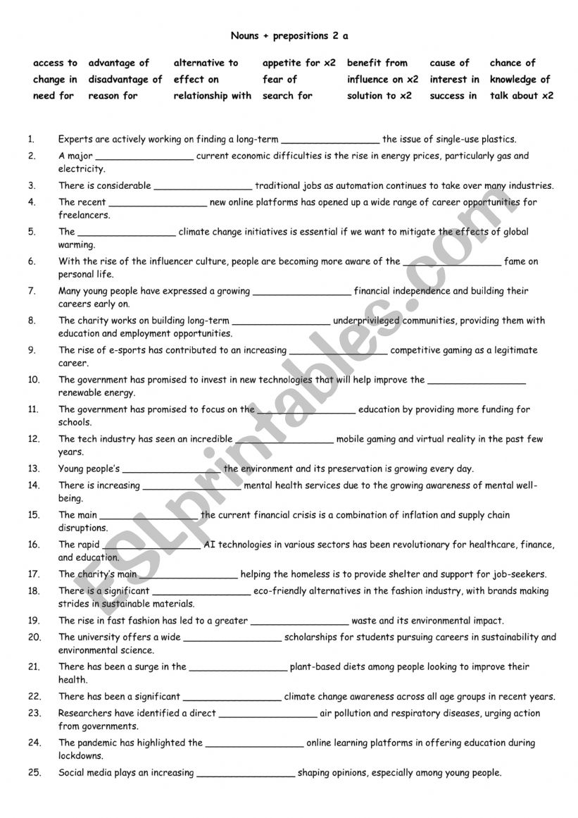 Nouns + Prepositions 2 a worksheet