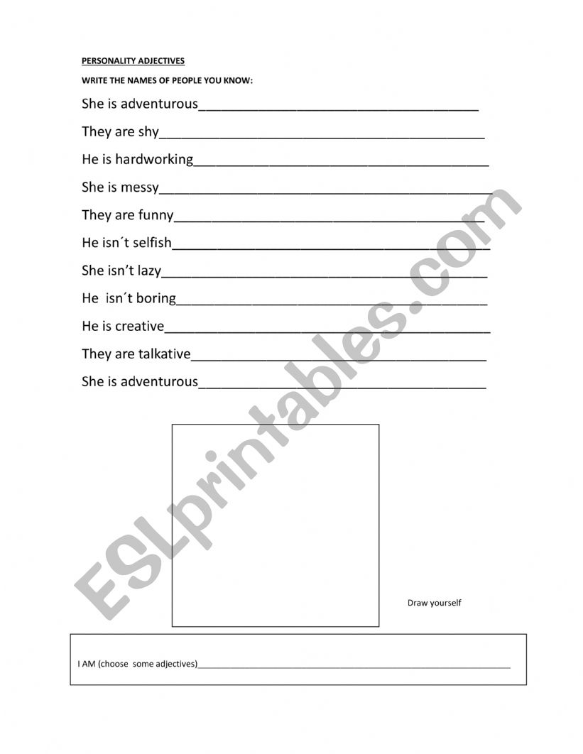 Personanlity adjectives worksheet