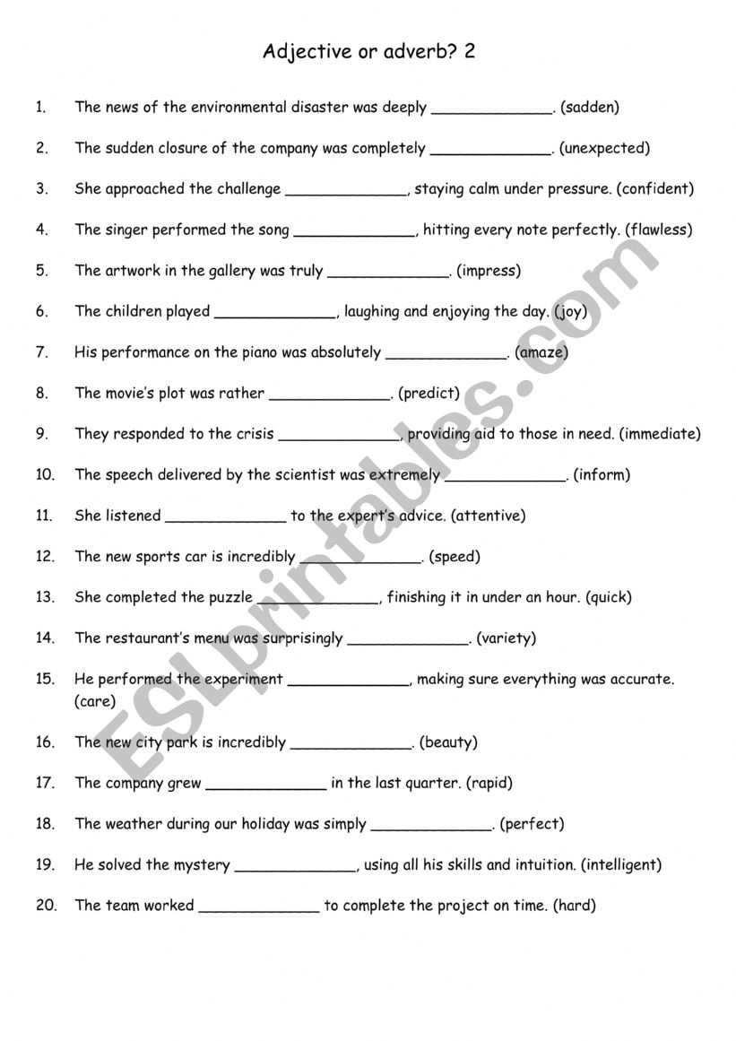 Adjective or adverb 2 worksheet