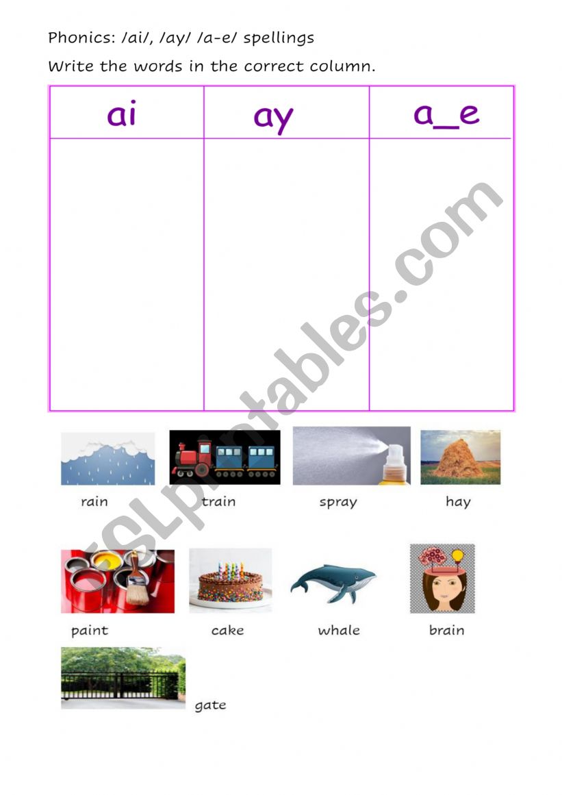 Phonics: ai-ay-a-e worksheet