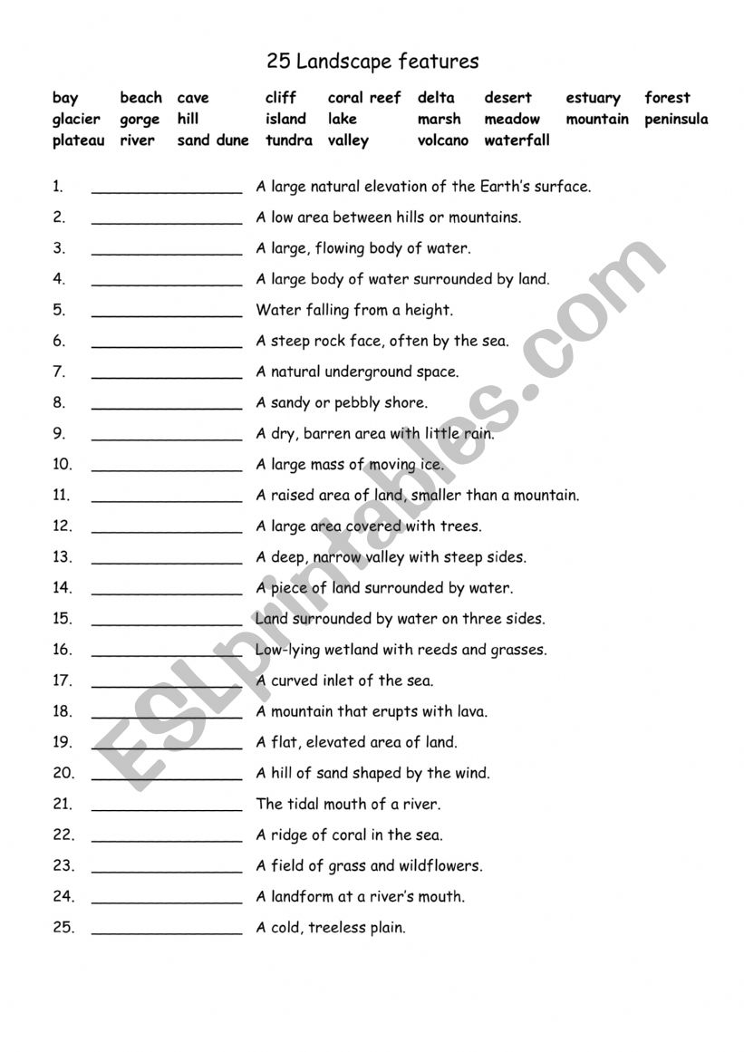 25 Landscape features worksheet