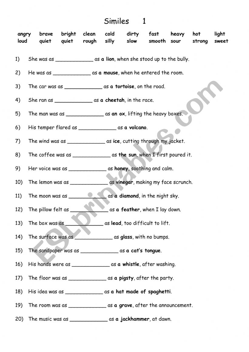 Similes  1 worksheet