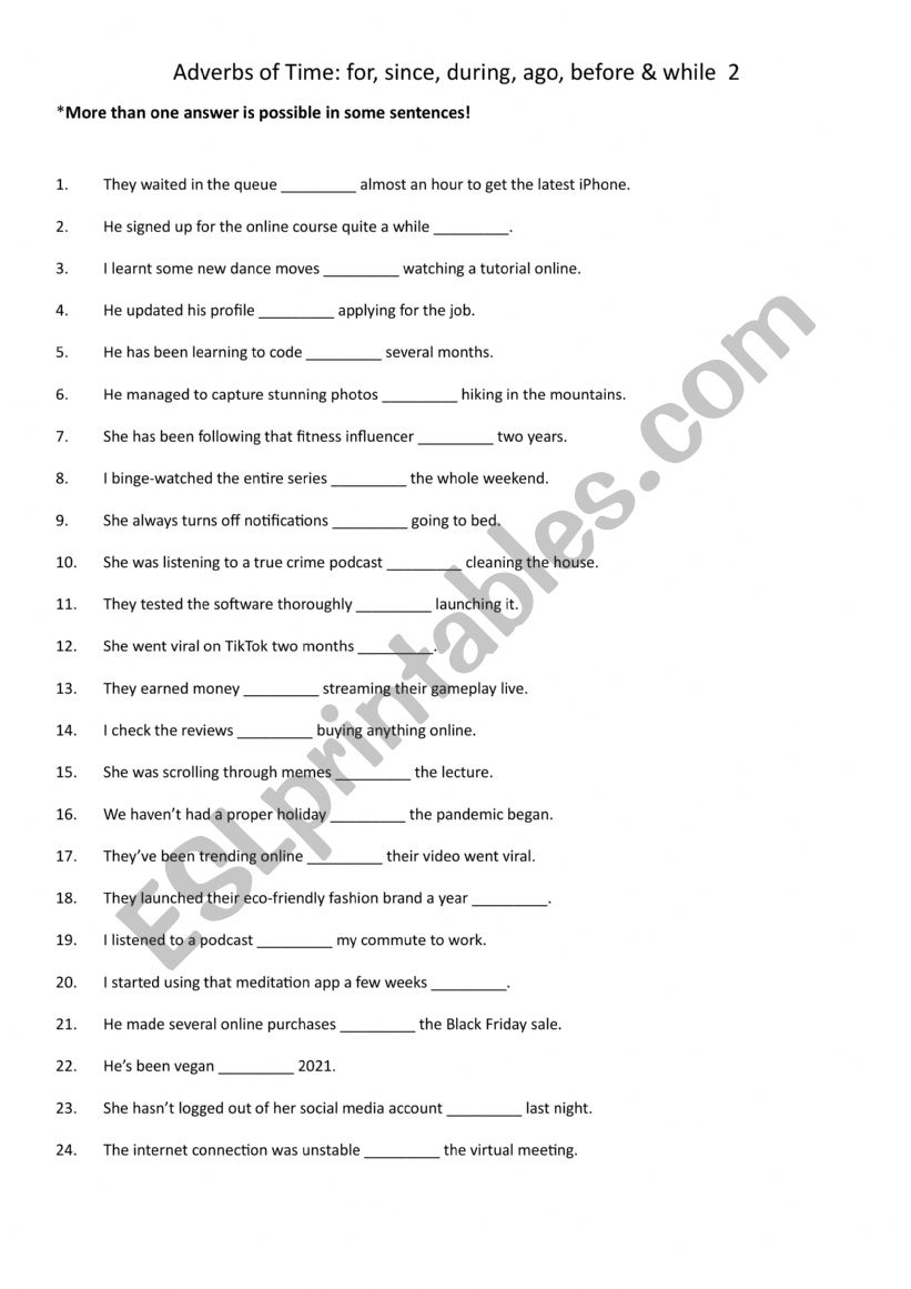 Adverbs of Time for, since, during, ago, before & while  2