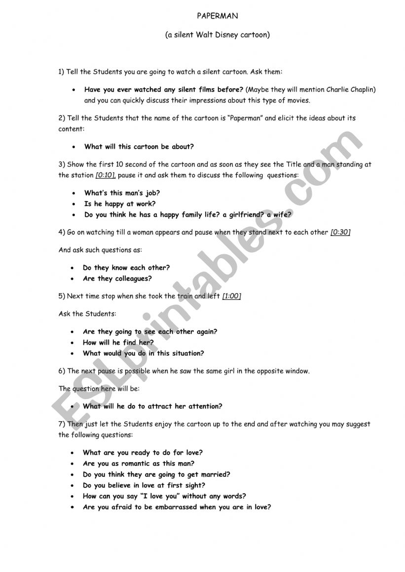 I.m a paper man song activity worksheet