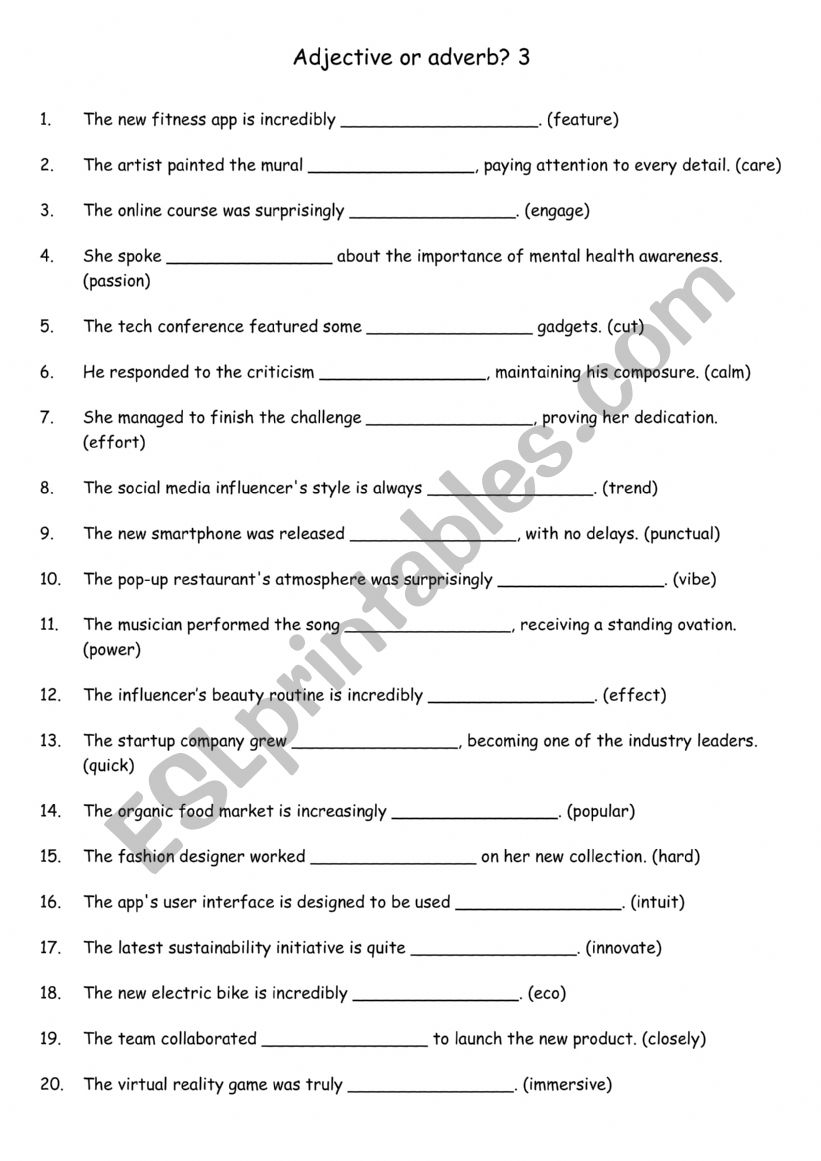 Adjective or adverb 3 worksheet